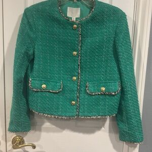 H&M Green Tweed Blazer with Fringe Detail